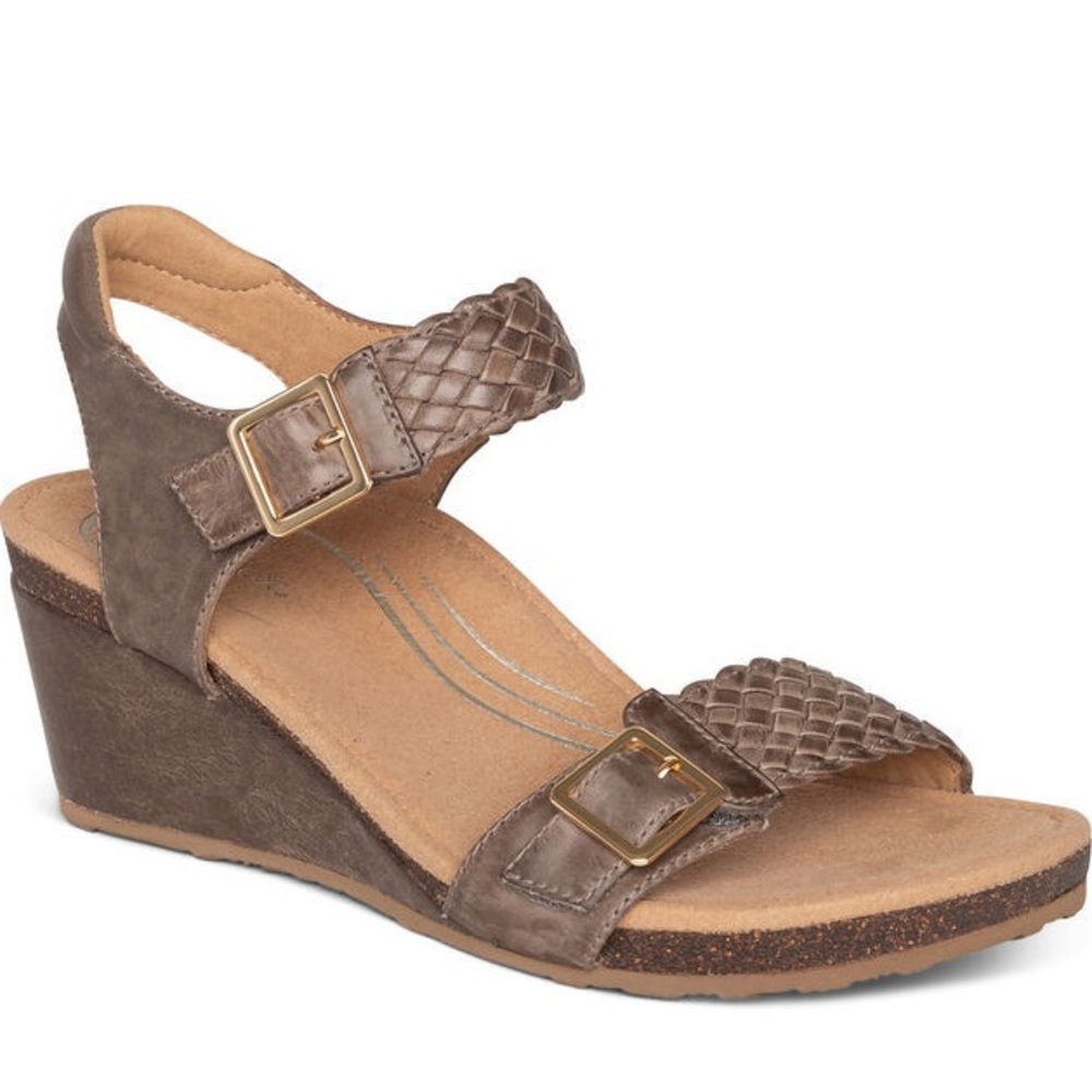 Aetrex Women’s Grace Taupe Leather Woven Wedge Sandals Size 9-9.5 US/ 40 EU NWT